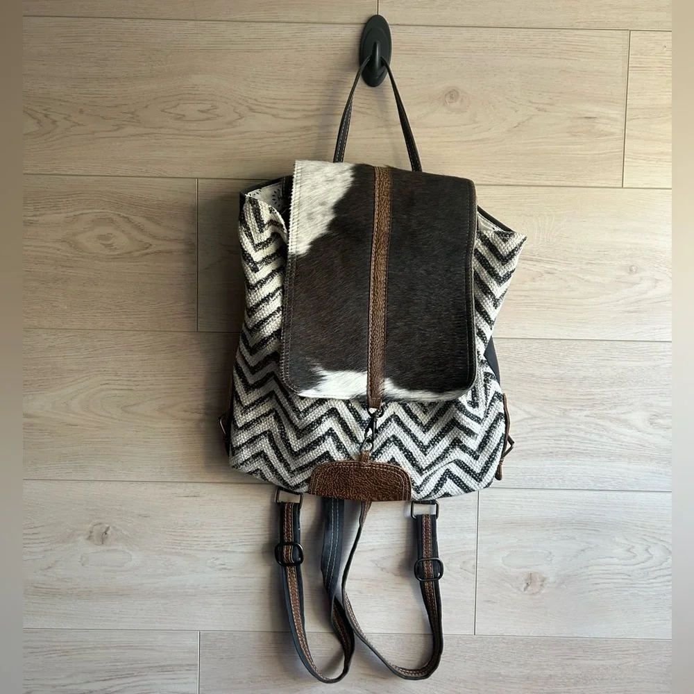 Myra Chevron Brown and White Patterned Backpack with Cowhide Flap.